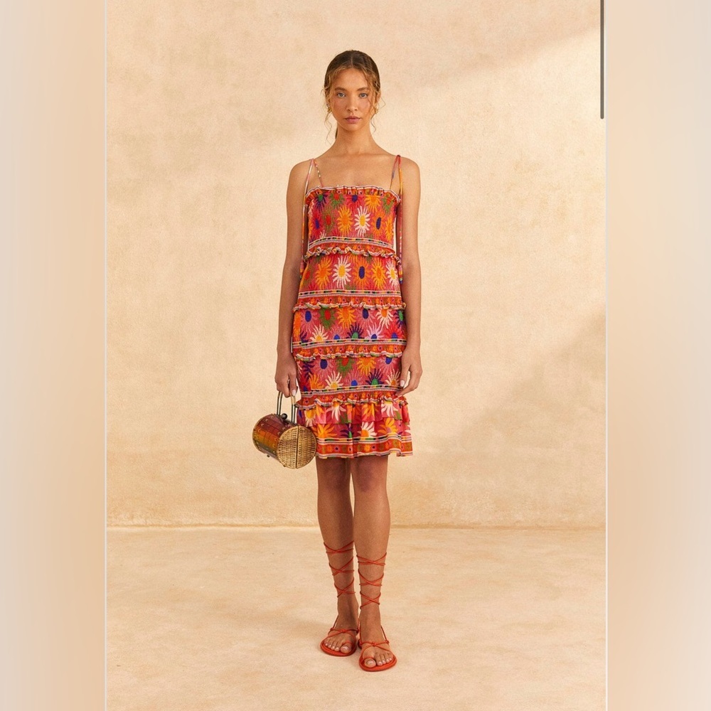 FARM Rio Orange Multi Sunflower Tiered Mini Dress